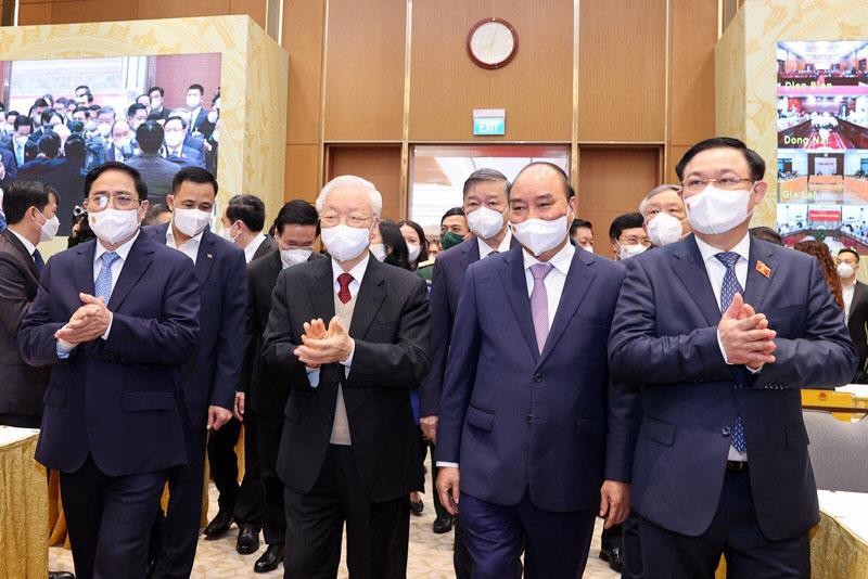 Tổng Bí thư Nguyễn Phú Trọng, Chủ tịch nước Nguyễn Xuân Phúc, Thủ tướng Phạm Minh Chính và Chủ tịch Quốc hội Vương Đình Huệ tham dự Hội nghị tại trụ sở Kl993 ưu đãi thưởng hấp dẫn (Ảnh: Nhật Bắc)