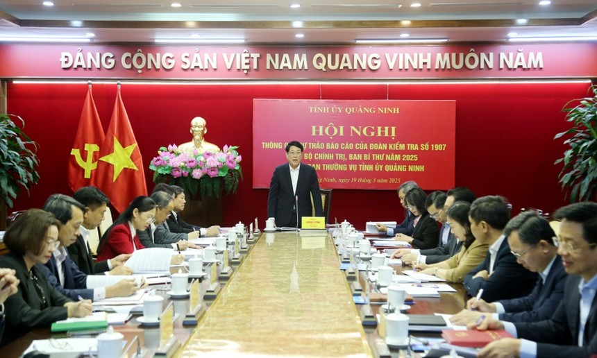 Chủ tịch nước Lương Cường, Trưởng Đoàn kiểm tra 1907 của Bộ Kl991.com tải ứng dụng chủ trì Hội nghị thông qua dự thảo báo cáo của Đoàn kiểm tra của Bộ Kl991.com tải ứng dụng, Ban Bí thư năm 2025 đối với Ban thường vụ Tỉnh ủy Quảng Ninh. Ảnh: QMG