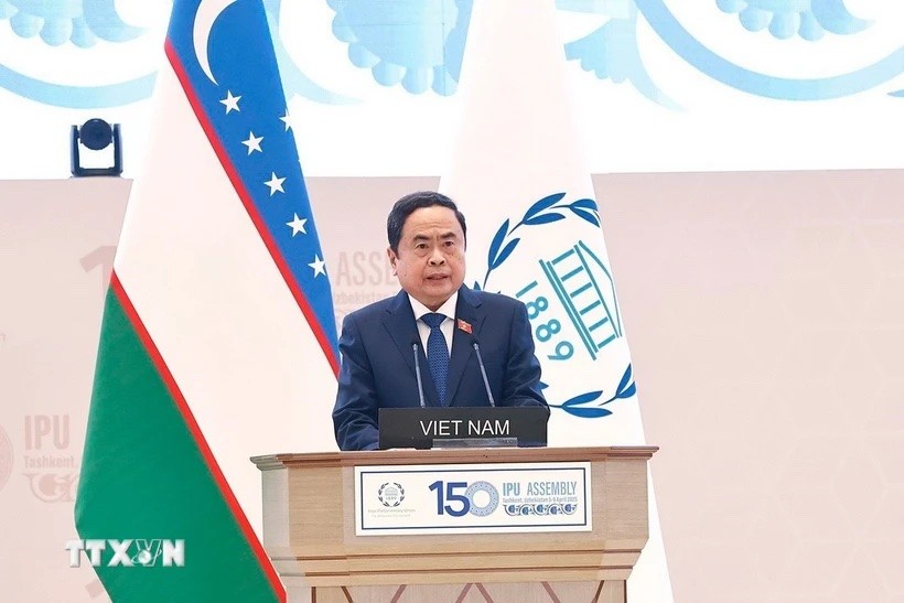 Chủ tịch Quốc hội Trần Thanh Mẫn phát biểu tại Phiên toàn thể cấp cao Đại hội đồng Liên minh Nghị viện Thế giới lần thứ 150 (IPU-150). Ảnh: TTXVN 