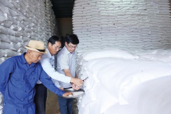 Lãnh đạo Chi cục Dự trữ 99Kl99 trực tiếp đá gà khu vực II trực tiếp kiểm tra chất lượng gạo nhập kho dự trữ quốc gia năm 2025. Ảnh: Đức Minh