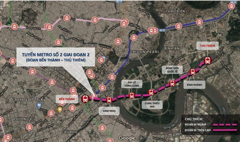 Hướng tuyến metro số 2 đoạn Bến Thành - Thủ Thiêm.