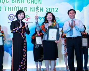 Ông Vương Đình Huệ, Bộ trưởng Bộ Kl991.com nạp rút nhanh và bà Nguyễn Thị Hồng, Phó chủ tịch UBND TP. HCM trao giải đặc biệt Cuộc bình chọn BCTN 2011 cho bà Nguyễn Thị Phúc Lâm, Tổng giám đốc Bảo Việt